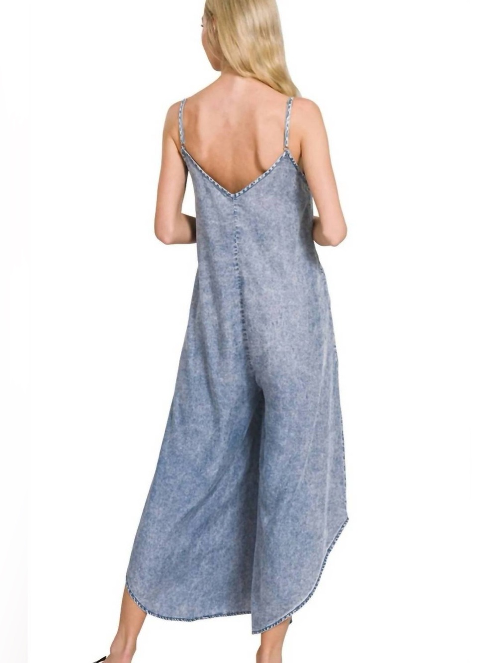 🆕 FREE Cami w/Purchase Acid-Washed Wide Leg Jumpsuit w/Pockets Boho Chambray - Picture 3 of 4